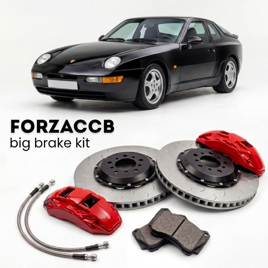Black Porsche 968 M030 (1992-1995) shown above a ForzaCCB iron rotor big brake kit with 2x red 6-piston front calipers, 2x two-piece floating ventilated brake discs 380 mm, set of brake pads, and brake lines.
