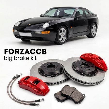 Black Porsche 968 M030 (1992-1995) shown above a ForzaCCB iron rotor big brake kit with 2x red 6-piston front calipers, 2x two-piece floating ventilated brake discs 380 mm, set of brake pads, and brake lines.