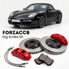 Black Porsche Boxster (2005-2012) shown above a ForzaCCB iron rotor big brake kit with 2x red 6-piston front calipers, 2x two-piece floating ventilated brake discs 380 mm, set of brake pads, and brake lines.