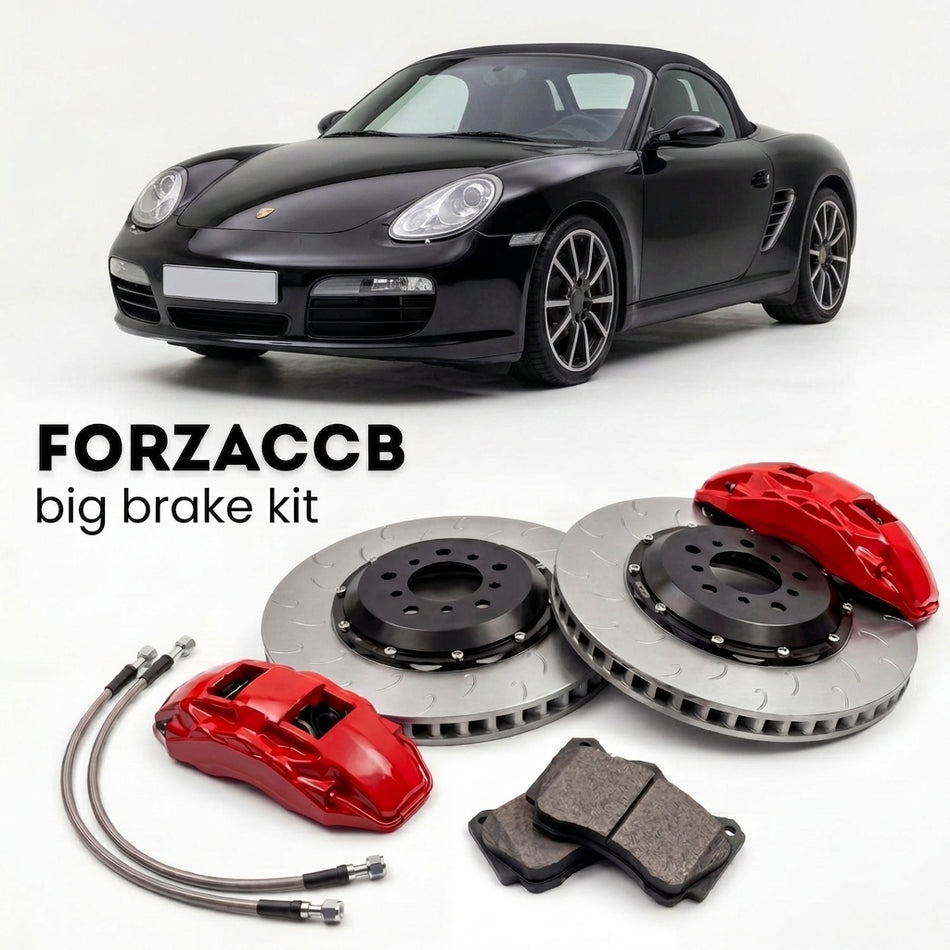 Black Porsche Boxster (2005-2012) shown above a ForzaCCB iron rotor big brake kit with 2x red 6-piston front calipers, 2x two-piece floating ventilated brake discs 380 mm, set of brake pads, and brake lines.