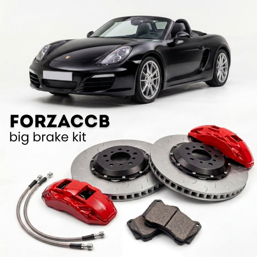 Black Porsche Boxster (2013-2016) shown above a ForzaCCB iron rotor big brake kit with 2x red 6-piston front calipers, 2x two-piece floating ventilated brake discs 380 mm, set of brake pads, and brake lines.