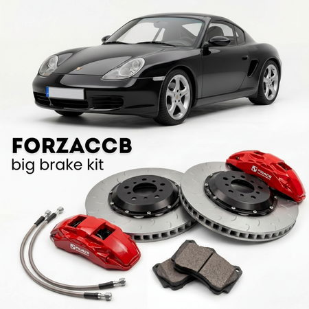 Black Porsche Boxster 986 (1997-2004) shown above a ForzaCCB iron rotor big brake kit with 2x red 6-piston front calipers, 2x two-piece floating ventilated brake discs 380 mm, set of brake pads, and brake lines.