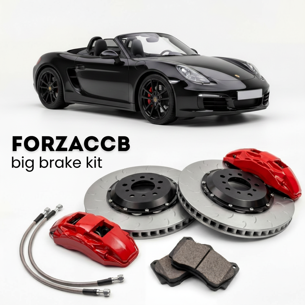 Black Porsche Boxster GTS 981 (2013-2016) shown above a ForzaCCB iron rotor big brake kit with 2x red 6-piston front calipers, 2x two-piece floating ventilated brake discs 380 mm, set of brake pads, and brake lines.