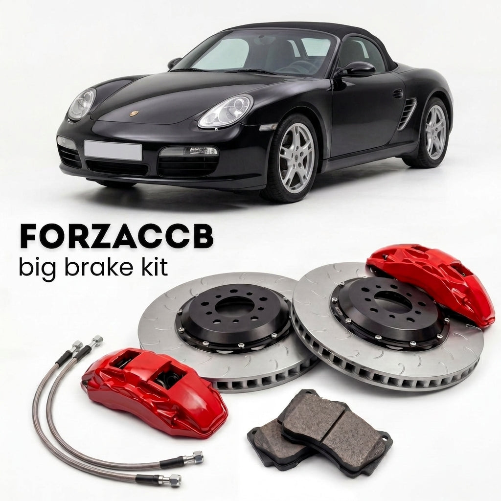 Black Porsche Boxster S (2005-2012) shown above a ForzaCCB iron rotor big brake kit with 2x red 6-piston front calipers, 2x two-piece floating ventilated brake discs 380 mm, set of brake pads, and brake lines.