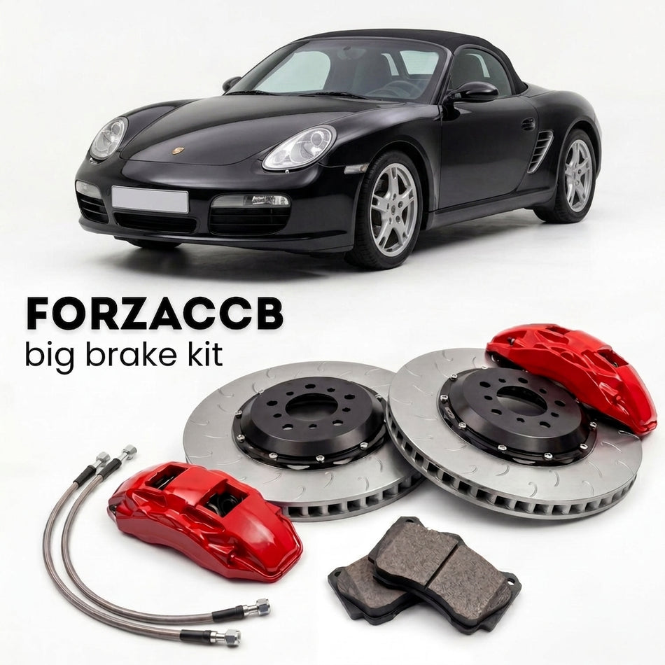 Black Porsche Boxster S (2005-2012) shown above a ForzaCCB iron rotor big brake kit with 2x red 6-piston front calipers, 2x two-piece floating ventilated brake discs 380 mm, set of brake pads, and brake lines.