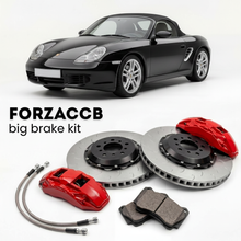 Black Porsche Boxster S 986 (2000-2004) shown above a ForzaCCB iron rotor big brake kit with 2x red 6-piston front calipers, 2x two-piece floating ventilated brake discs 380 mm, set of brake pads, and brake lines.
