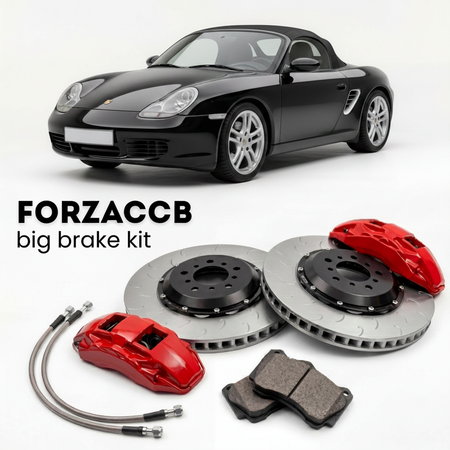 Black Porsche Boxster S 986 (2000-2004) shown above a ForzaCCB iron rotor big brake kit with 2x red 6-piston front calipers, 2x two-piece floating ventilated brake discs 380 mm, set of brake pads, and brake lines.