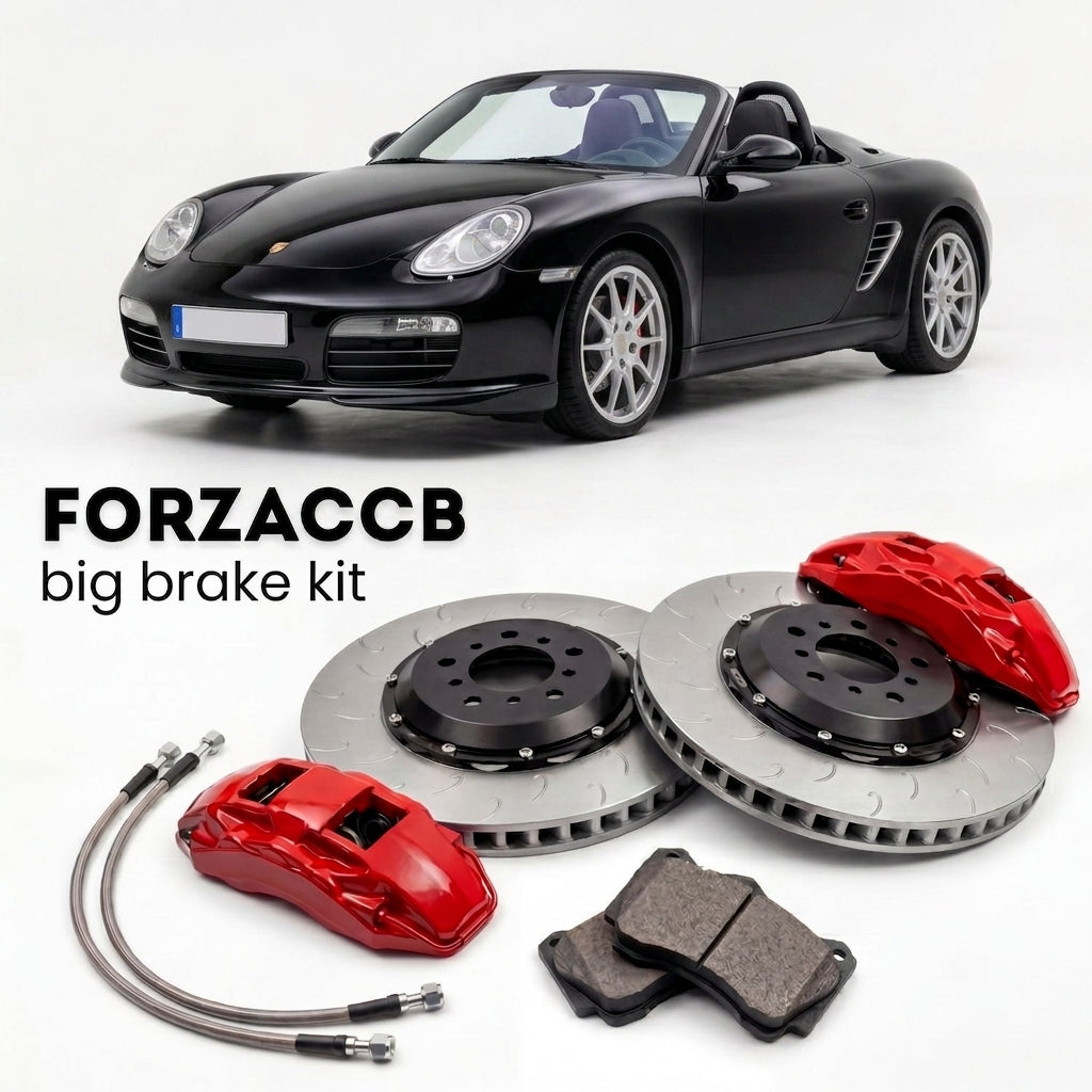 Black Porsche Boxster Spyder (2011-2012) shown above a ForzaCCB iron rotor big brake kit with 2x red 6-piston front calipers, 2x two-piece floating ventilated brake discs 380 mm, set of brake pads, and brake lines.