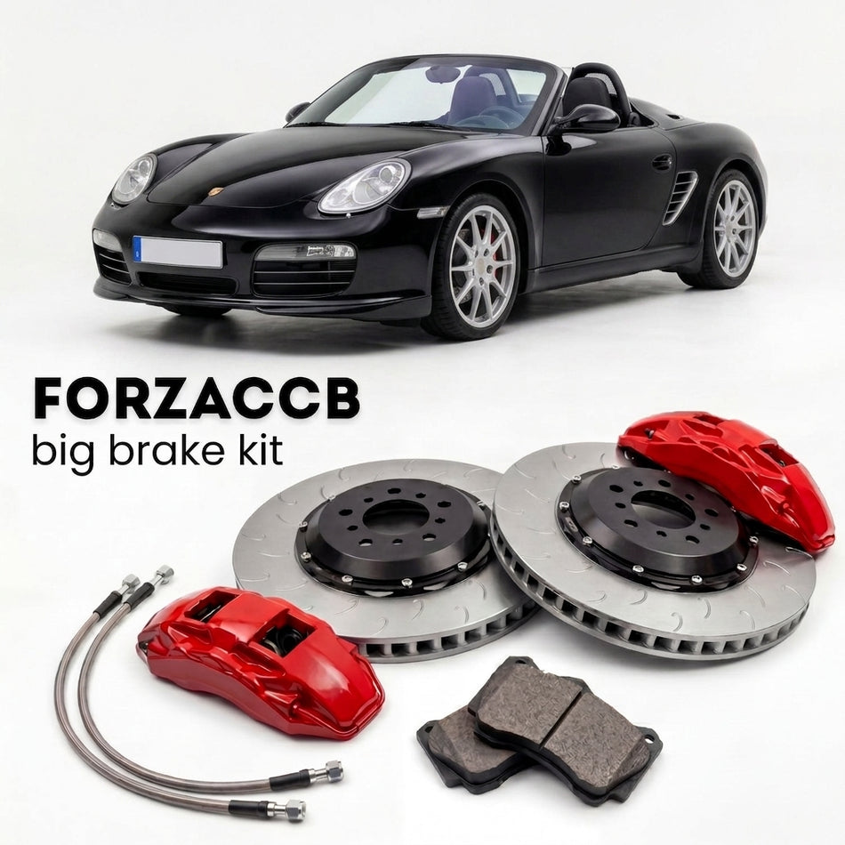Black Porsche Boxster Spyder (2011-2012) shown above a ForzaCCB iron rotor big brake kit with 2x red 6-piston front calipers, 2x two-piece floating ventilated brake discs 380 mm, set of brake pads, and brake lines.