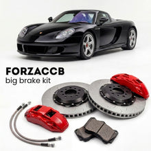 Black Porsche Carrera GT (2004-2007) shown above a ForzaCCB iron rotor big brake kit with 2x red 6-piston front calipers, 2x two-piece floating ventilated brake discs 380 mm, set of brake pads, and brake lines.