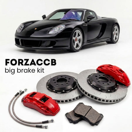 Black Porsche Carrera GT (2004-2007) shown above a ForzaCCB iron rotor big brake kit with 2x red 6-piston front calipers, 2x two-piece floating ventilated brake discs 380 mm, set of brake pads, and brake lines.