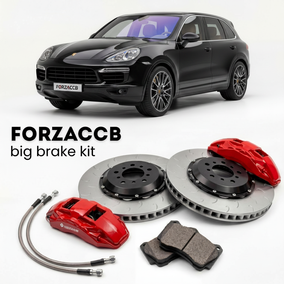 Black Porsche Cayenne Base 958 (2011-2018) shown above a ForzaCCB iron rotor big brake kit with 2x red 6-piston front calipers, 2x two-piece floating ventilated brake discs 380 mm, set of brake pads, and brake lines.