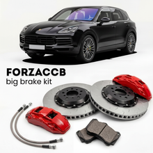 Black Porsche Cayenne Base 9Y0 (2019+) shown above a ForzaCCB iron rotor big brake kit with 2x red 6-piston front calipers, 2x two-piece floating ventilated brake discs 380 mm, set of brake pads, and brake lines.