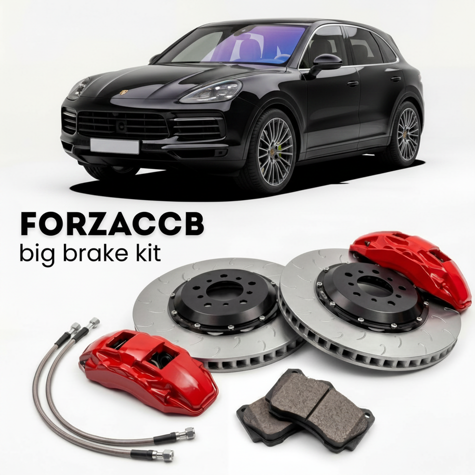 Black Porsche Cayenne Base 9Y0 (2019+) shown above a ForzaCCB iron rotor big brake kit with 2x red 6-piston front calipers, 2x two-piece floating ventilated brake discs 380 mm, set of brake pads, and brake lines.