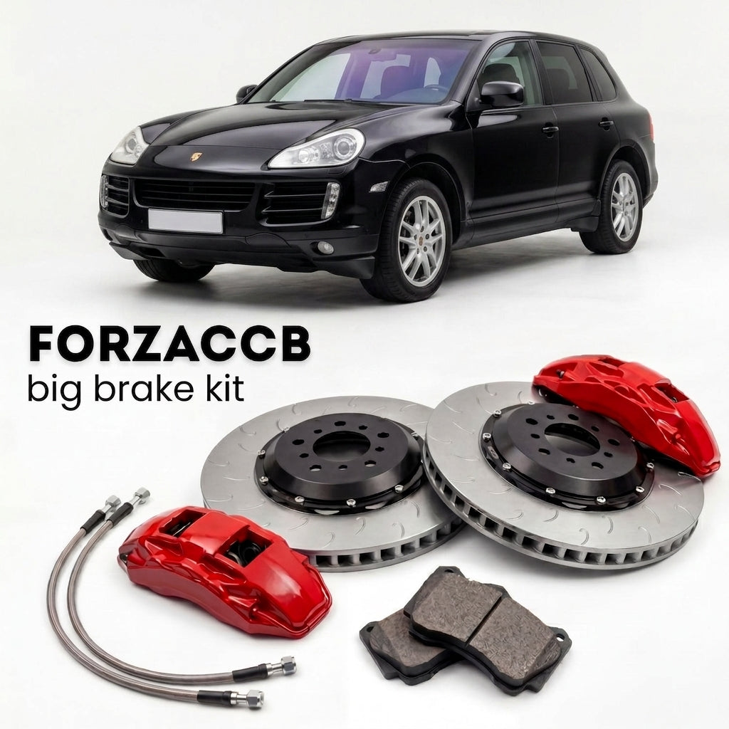 Black Porsche Cayenne S (2003-2006) shown above a ForzaCCB iron rotor big brake kit with 2x red 6-piston front calipers, 2x two-piece floating ventilated brake discs 380 mm, set of brake pads, and brake lines.