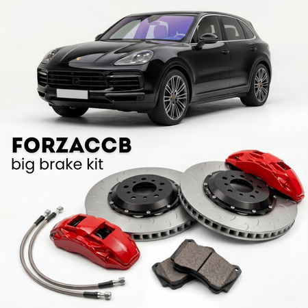 Black Porsche Cayenne S 9Y0 (2019+) shown above a ForzaCCB iron rotor big brake kit with 2x red 6-piston front calipers, 2x two-piece floating ventilated brake discs 380 mm, set of brake pads, and brake lines.