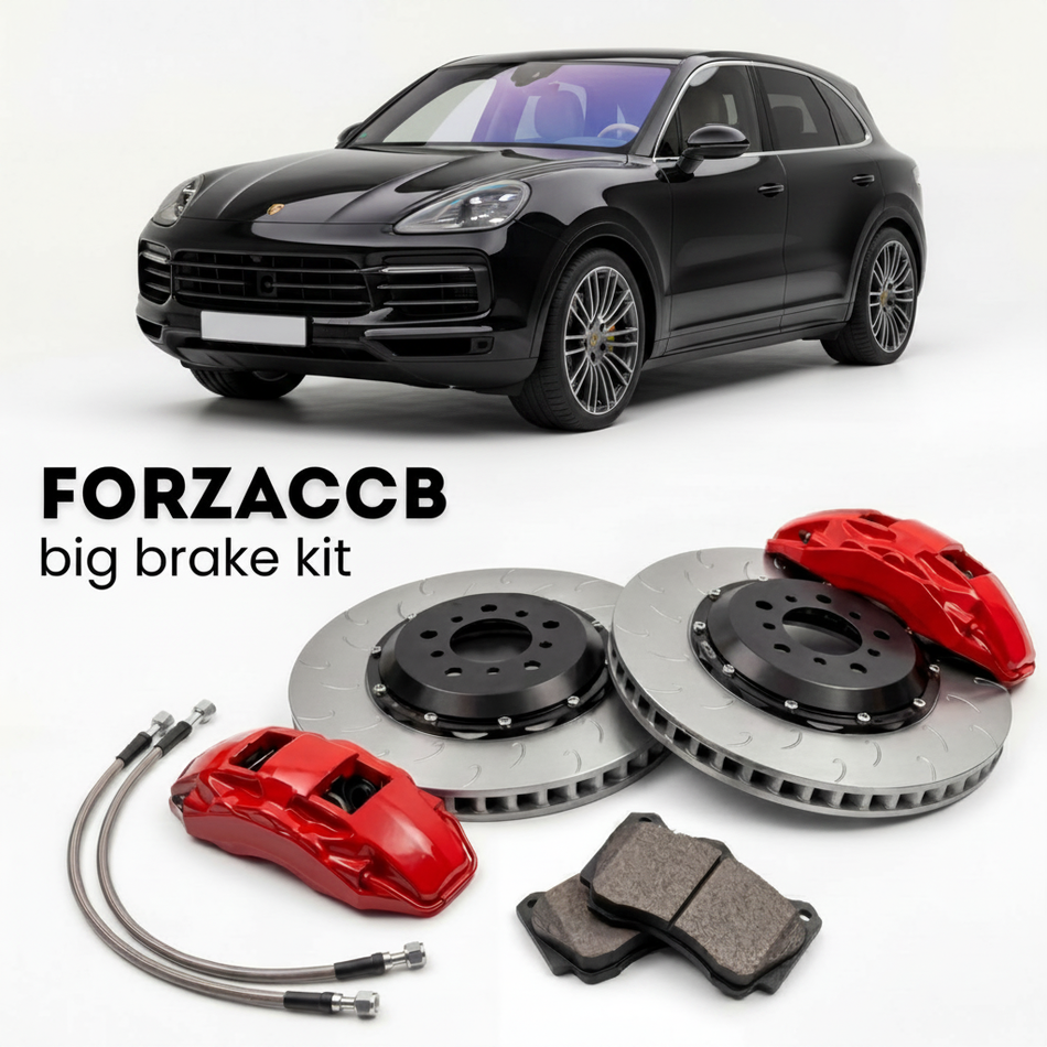 Black Porsche Cayenne Surface Coated 9Y0 (2019+) shown above a ForzaCCB iron rotor big brake kit with 2x red 6-piston front calipers, 2x two-piece floating ventilated brake discs 380 mm, set of brake pads, and brake lines.