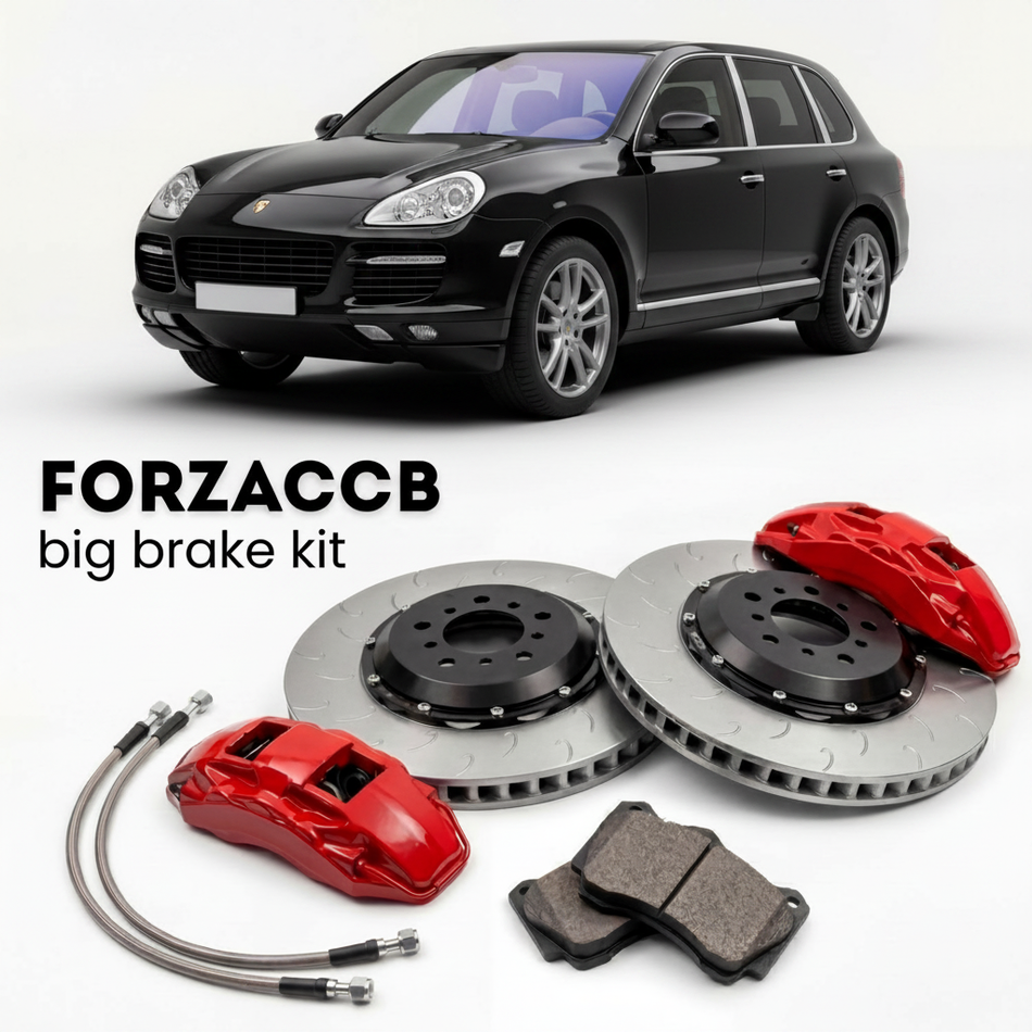 Black Porsche Cayenne Turbo 955 (2003-2006) shown above a ForzaCCB iron rotor big brake kit with 2x red 6-piston front calipers, 2x two-piece floating ventilated brake discs 380 mm, set of brake pads, and brake lines.