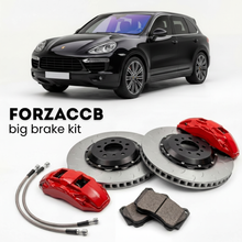 Black Porsche Cayenne Turbo 958 (2011-2018) shown above a ForzaCCB iron rotor big brake kit with 2x red 6-piston front calipers, 2x two-piece floating ventilated brake discs 380 mm, set of brake pads, and brake lines.