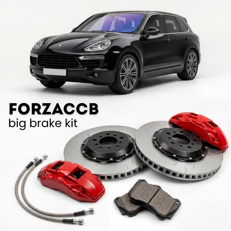 Black Porsche Cayenne Turbo 958 (2011-2018) shown above a ForzaCCB iron rotor big brake kit with 2x red 6-piston front calipers, 2x two-piece floating ventilated brake discs 380 mm, set of brake pads, and brake lines.