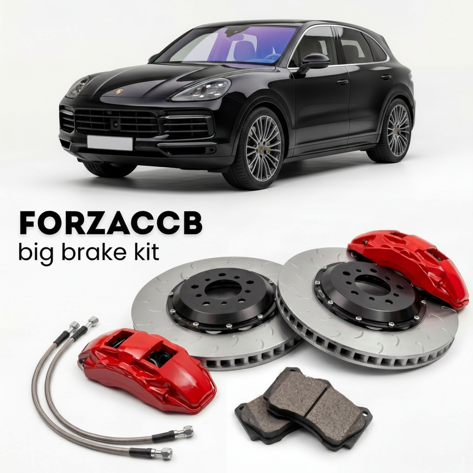 Black Porsche Cayenne Turbo S E-Hybrid 9Y0 (2020+) shown above a ForzaCCB iron rotor big brake kit with 2x red 6-piston front calipers, 2x two-piece floating ventilated brake discs 380 mm, set of brake pads, and brake lines.