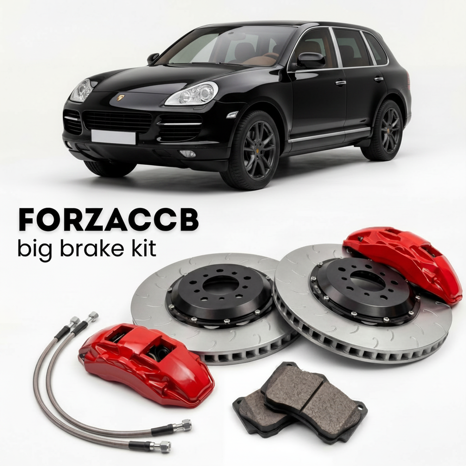 Black Porsche Cayenne V6 955 (2004-2006) shown above a ForzaCCB iron rotor big brake kit with 2x red 6-piston front calipers, 2x two-piece floating ventilated brake discs 380 mm, set of brake pads, and brake lines.
