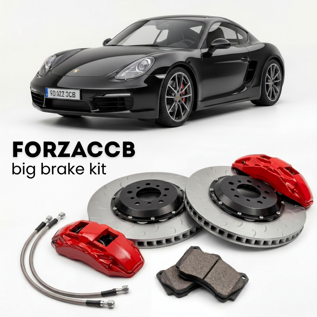 Black Porsche Cayman 981 (2013-2016) shown above a ForzaCCB iron rotor big brake kit with 2x red 6-piston front calipers, 2x two-piece floating ventilated brake discs 380 mm, set of brake pads, and brake lines.