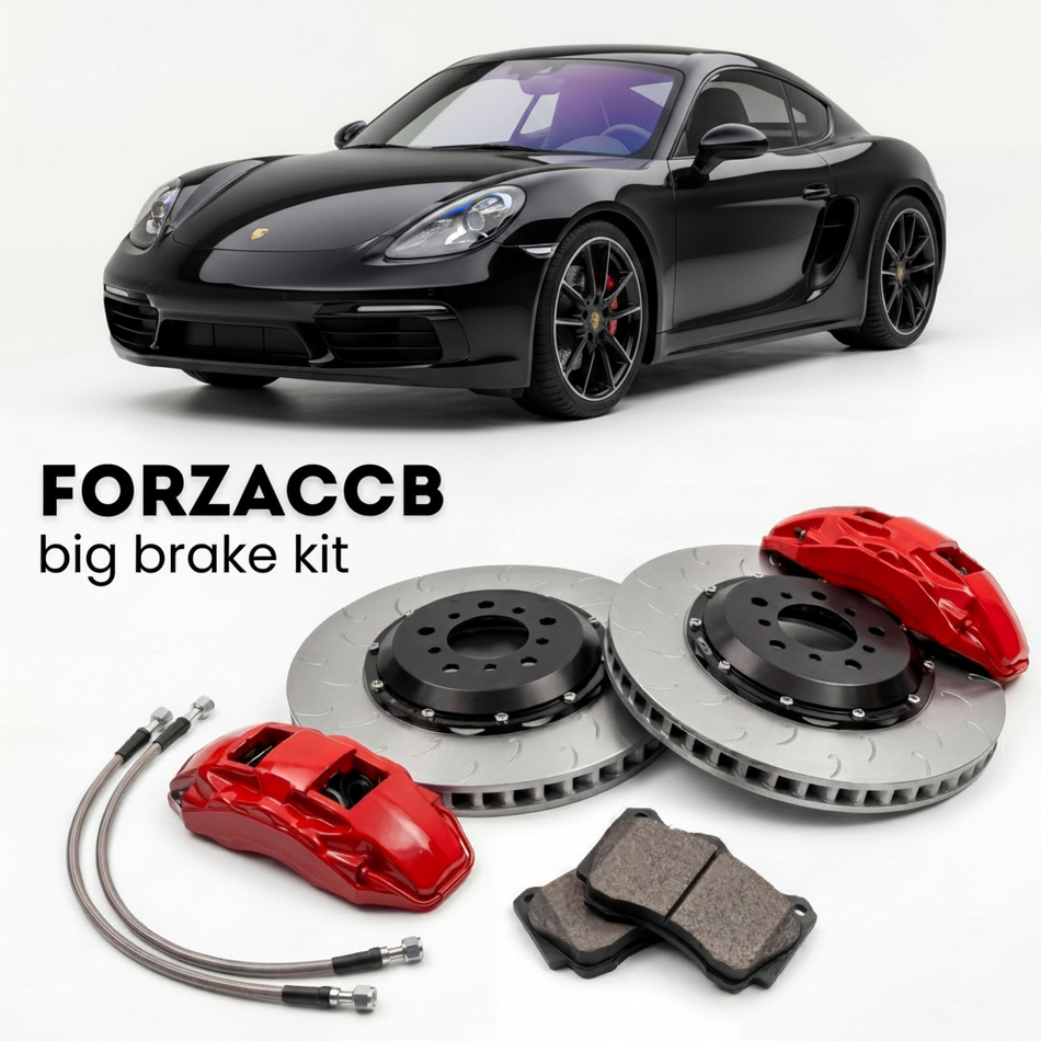 Black Porsche Cayman 982 (2017+) shown above a ForzaCCB iron rotor big brake kit with 2x red 6-piston front calipers, 2x two-piece floating ventilated brake discs 380 mm, set of brake pads, and brake lines.