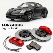 Black Porsche Cayman 987 (2005-2012) shown above a ForzaCCB iron rotor big brake kit with 2x red 6-piston front calipers, 2x two-piece floating ventilated brake discs 380 mm, set of brake pads, and brake lines.