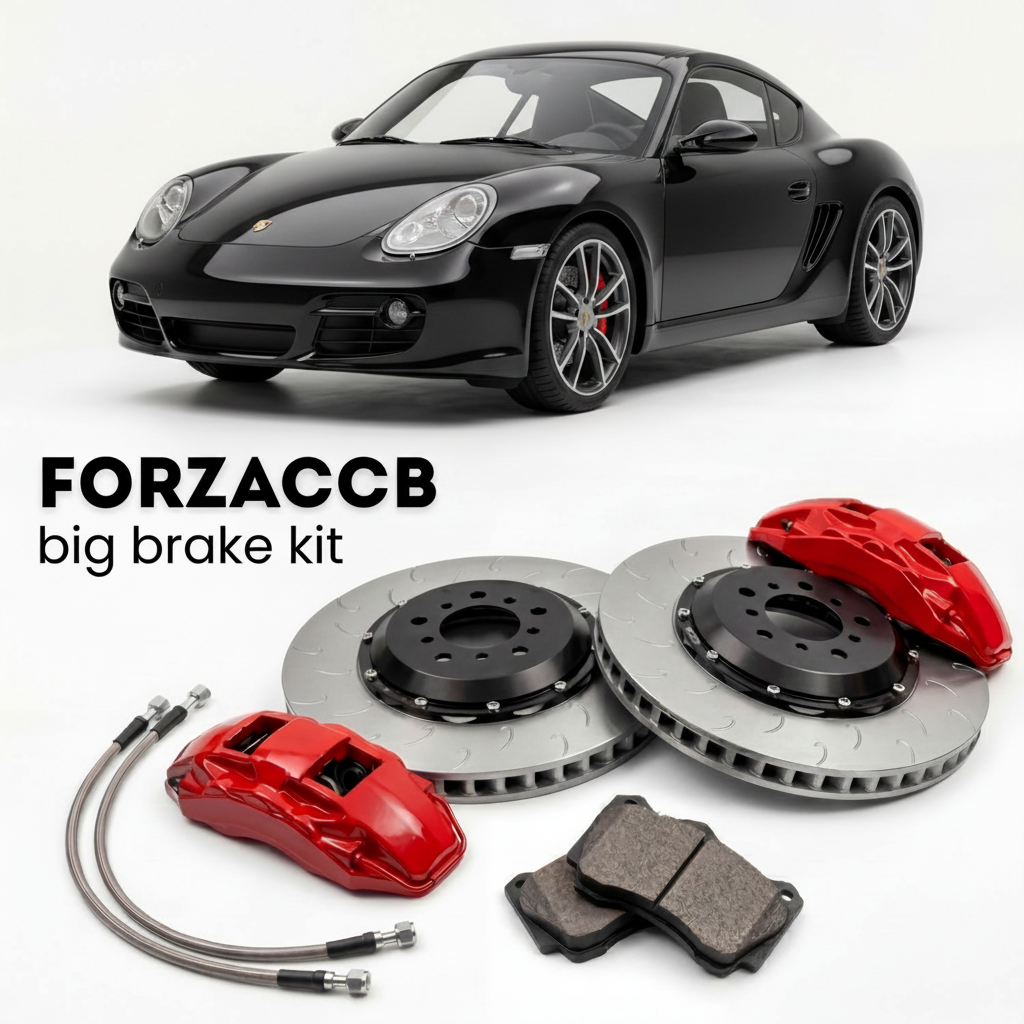 Black Porsche Cayman 987 (2005-2012) shown above a ForzaCCB iron rotor big brake kit with 2x red 6-piston front calipers, 2x two-piece floating ventilated brake discs 380 mm, set of brake pads, and brake lines.