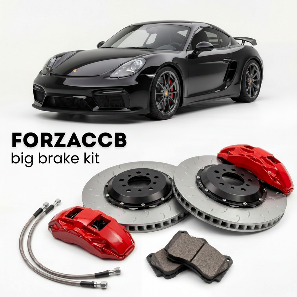 Black Porsche Cayman GT4 981 (2016) shown above a ForzaCCB iron rotor big brake kit with 2x red 6-piston front calipers, 2x two-piece floating ventilated brake discs 380 mm, set of brake pads, and brake lines.