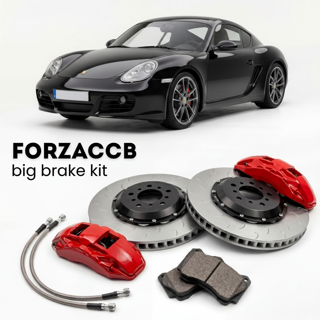 Black Porsche Cayman R 987 (2011-2012) shown above a ForzaCCB iron rotor big brake kit with 2x red 6-piston front calipers, 2x two-piece floating ventilated brake discs 380 mm, set of brake pads, and brake lines.