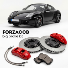 Black Porsche Cayman R 987 (2011-2012) shown above a ForzaCCB iron rotor big brake kit with 2x red 6-piston front calipers, 2x two-piece floating ventilated brake discs 380 mm, set of brake pads, and brake lines.