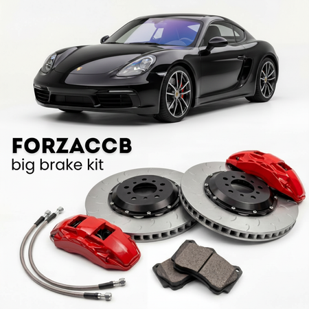 Black Porsche Cayman S 982 (2017+) shown above a ForzaCCB iron rotor big brake kit with 2x red 6-piston front calipers, 2x two-piece floating ventilated brake discs 380 mm, set of brake pads, and brake lines.
