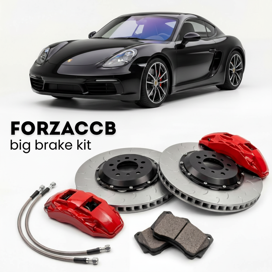 Black Porsche Cayman S 982 (2017+) shown above a ForzaCCB iron rotor big brake kit with 2x red 6-piston front calipers, 2x two-piece floating ventilated brake discs 380 mm, set of brake pads, and brake lines.