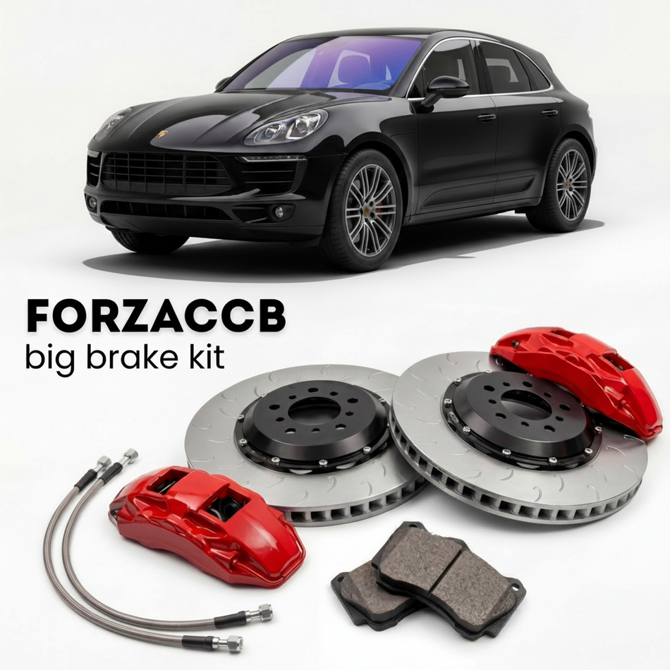 Black Porsche Macan Base 95B (2015-2024) shown above a ForzaCCB iron rotor big brake kit with 2x red 6-piston front calipers, 2x two-piece floating ventilated brake discs 380 mm, set of brake pads, and brake lines.