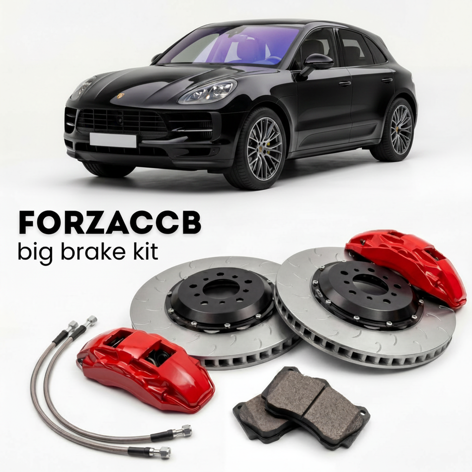 Black Porsche Macan Turbo 95B.2 (2020+) shown above a ForzaCCB iron rotor big brake kit with 2x red 6-piston front calipers, 2x two-piece floating ventilated brake discs 380 mm, set of brake pads, and brake lines.