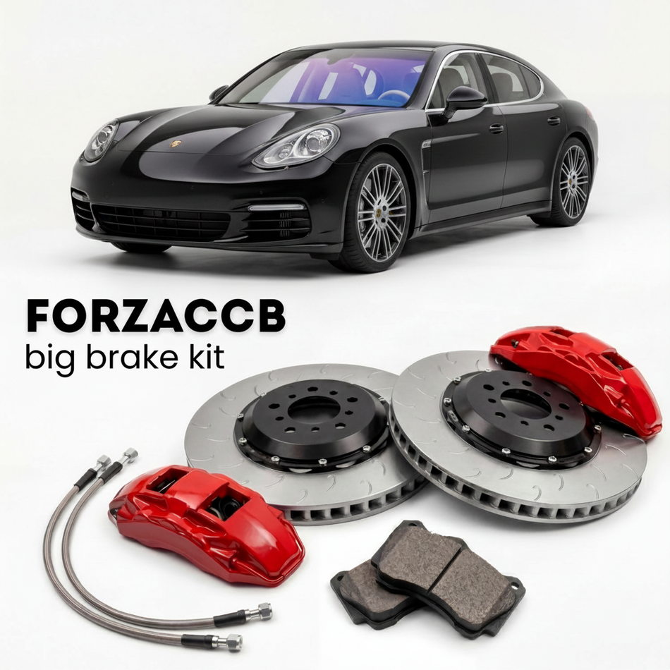 Black Porsche Panamera 4 970 (2010-2016) shown above a ForzaCCB iron rotor big brake kit with 2x red 6-piston front calipers, 2x two-piece floating ventilated brake discs 380 mm, set of brake pads, and brake lines.