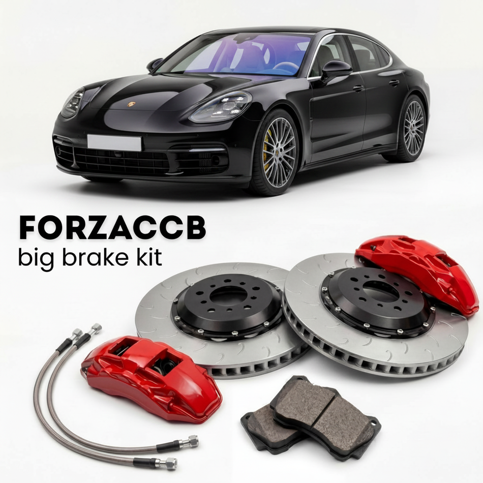 Black Porsche Panamera 4S 971 (2017+) shown above a ForzaCCB iron rotor big brake kit with 2x red 6-piston front calipers, 2x two-piece floating ventilated brake discs 380 mm, set of brake pads, and brake lines.