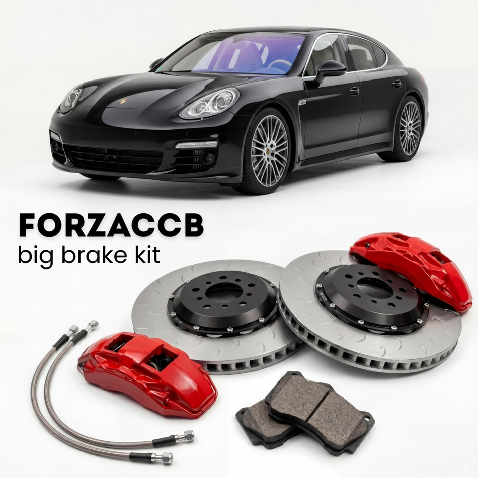 Black Porsche Panamera Turbo 970 (2010-2016) shown above a ForzaCCB iron rotor big brake kit with 2x red 6-piston front calipers, 2x two-piece floating ventilated brake discs 380 mm, set of brake pads, and brake lines.
