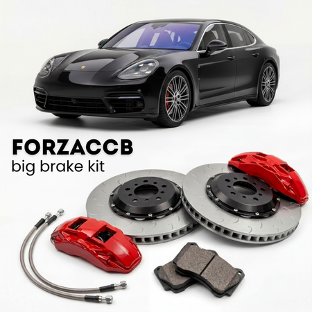 Black Porsche Panamera Turbo 971 (2017+) shown above a ForzaCCB iron rotor big brake kit with 2x red 6-piston front calipers, 2x two-piece floating ventilated brake discs 380 mm, set of brake pads, and brake lines.