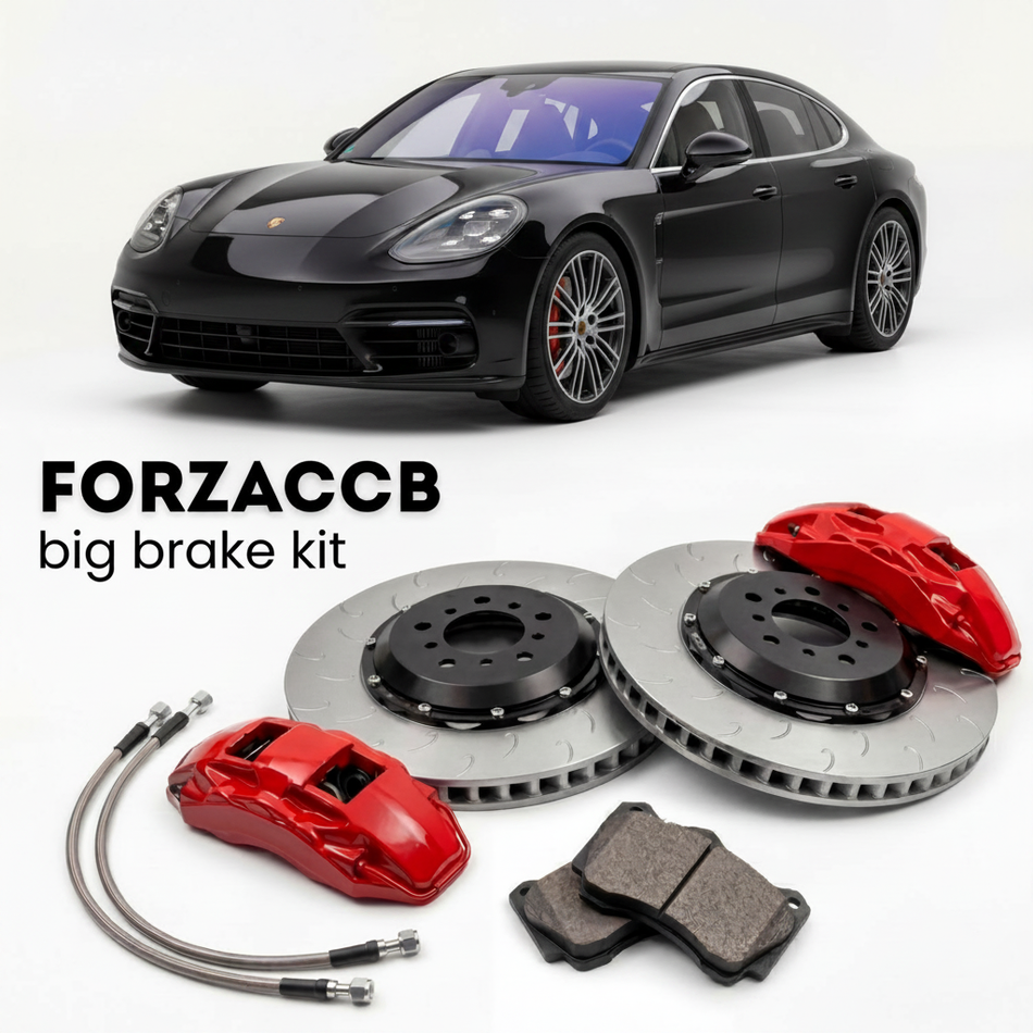 Black Porsche Panamera Turbo 971 (2017+) shown above a ForzaCCB iron rotor big brake kit with 2x red 6-piston front calipers, 2x two-piece floating ventilated brake discs 380 mm, set of brake pads, and brake lines.
