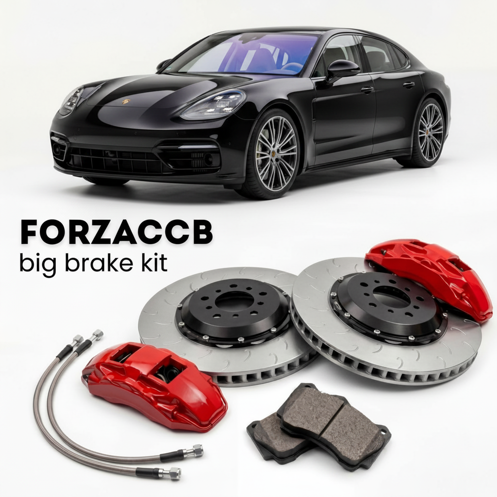 Black Porsche Panamera Turbo S E-Hybrid 971 (2018+) shown above a ForzaCCB iron rotor big brake kit with 2x red 6-piston front calipers, 2x two-piece floating ventilated brake discs 380 mm, set of brake pads, and brake lines.