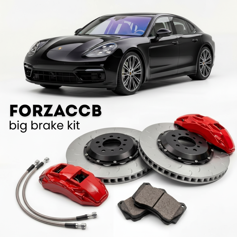 Black Porsche Panamera Turbo S E-Hybrid 971 (2018+) shown above a ForzaCCB iron rotor big brake kit with 2x red 6-piston front calipers, 2x two-piece floating ventilated brake discs 380 mm, set of brake pads, and brake lines.