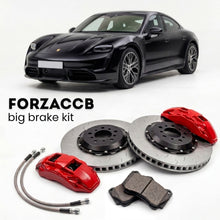 Black Porsche Taycan 4S (2020+) shown above a ForzaCCB iron rotor big brake kit with 2x red 6-piston front calipers, 2x two-piece floating ventilated brake discs 380 mm, set of brake pads, and brake lines.