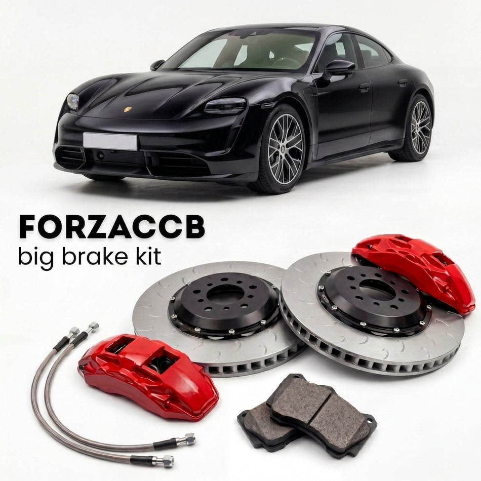Black Porsche Taycan 4S (2020+) shown above a ForzaCCB iron rotor big brake kit with 2x red 6-piston front calipers, 2x two-piece floating ventilated brake discs 380 mm, set of brake pads, and brake lines.