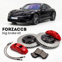 Black Porsche Taycan Turbo (2020+) shown above a ForzaCCB iron rotor big brake kit with 2x red 6-piston front calipers, 2x two-piece floating ventilated brake discs 380 mm, set of brake pads, and brake lines.