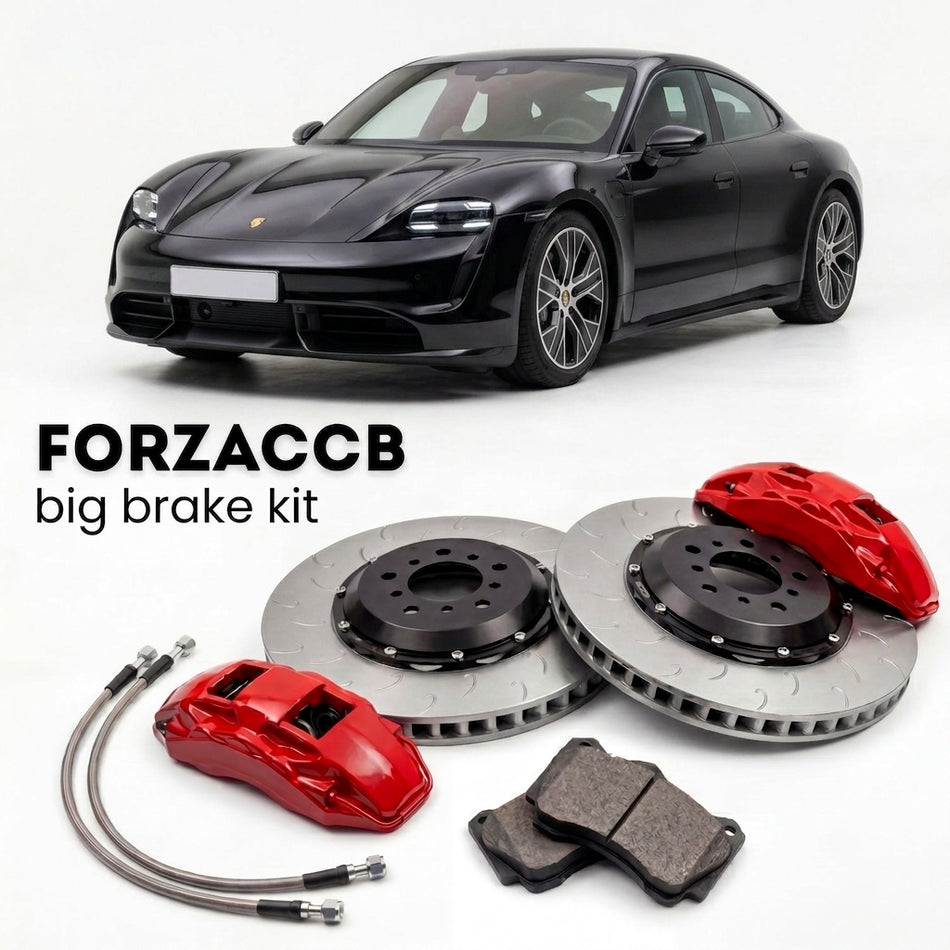 Black Porsche Taycan Turbo S (2020+) shown above a ForzaCCB iron rotor big brake kit with 2x red 6-piston front calipers, 2x two-piece floating ventilated brake discs 380 mm, set of brake pads, and brake lines.
