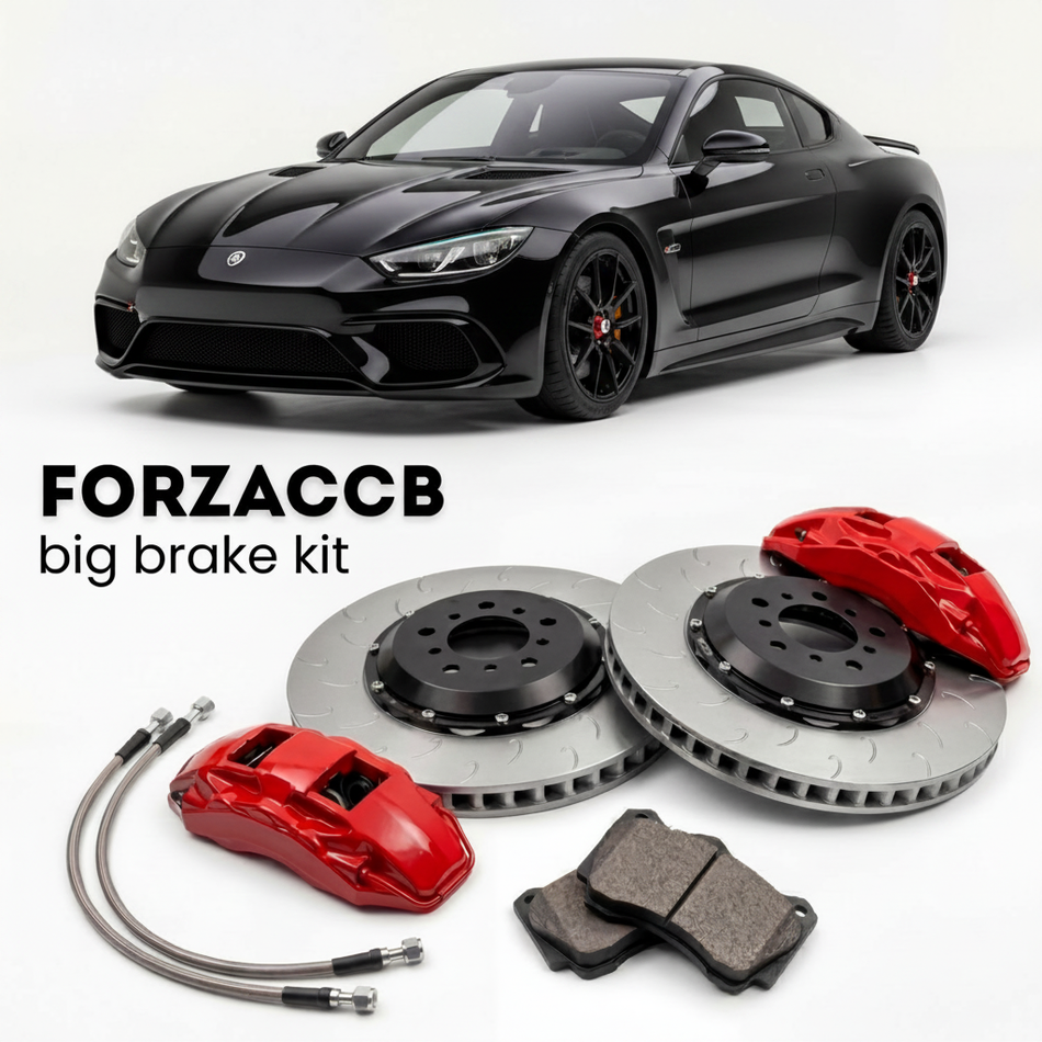Black Praga R1 (2013-2026) shown above a ForzaCCB iron rotor big brake kit with 2x red 6-piston front calipers, 2x two-piece floating ventilated brake discs 380 mm, set of brake pads, and brake lines.