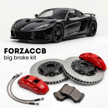 Black Radical Sportscars RXC (2013-2026) shown above a ForzaCCB iron rotor big brake kit with 2x red 6-piston front calipers, 2x two-piece floating ventilated brake discs 380 mm, set of brake pads, and brake lines.